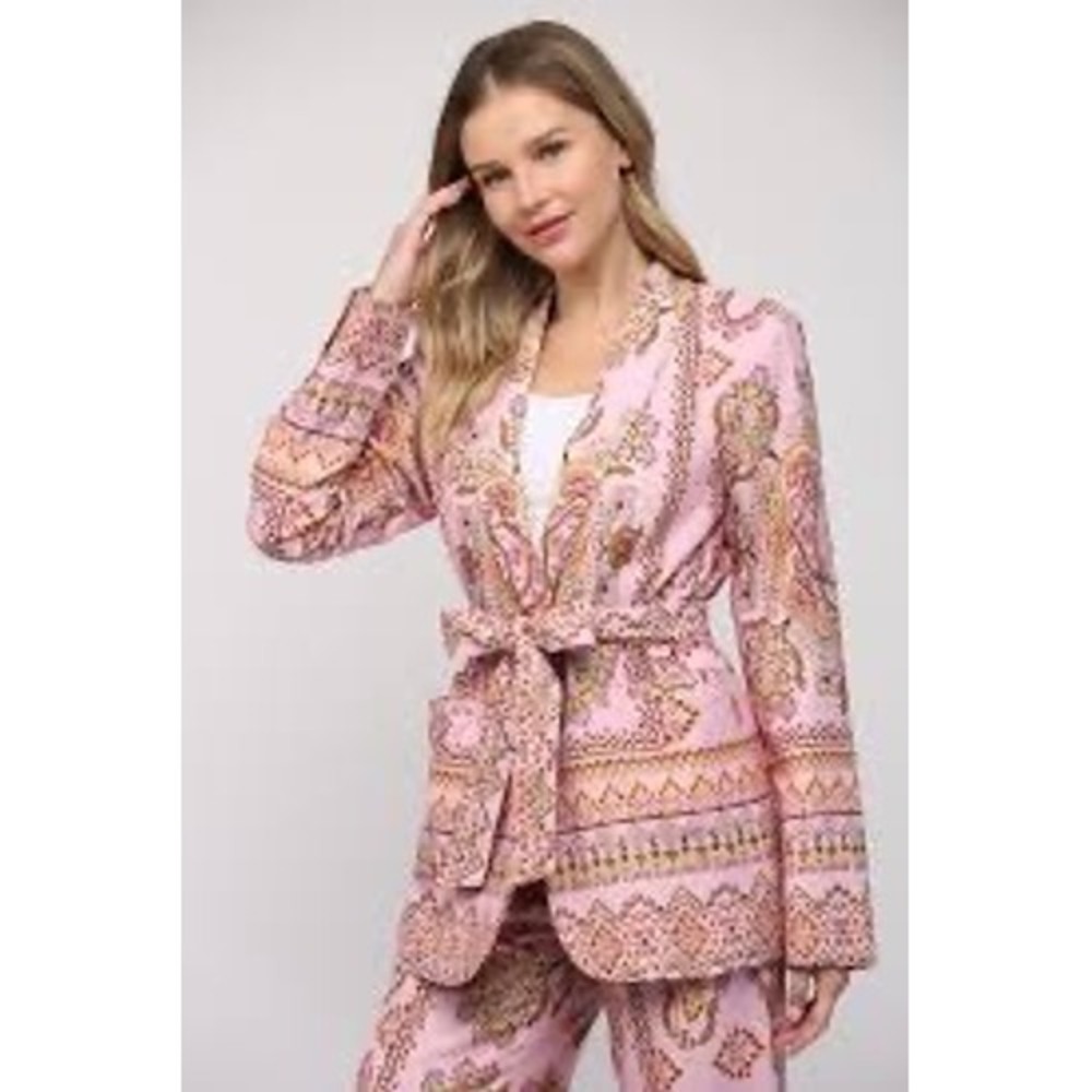 Fate Pink‎ Paisley Print Wrap Jacket Blazer Tie Waist Women's Small